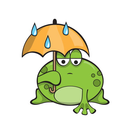 Sad frog under an umbrella. Rainy weather. Cartoon funny character on a white background. Vector illustration.のイラスト素材