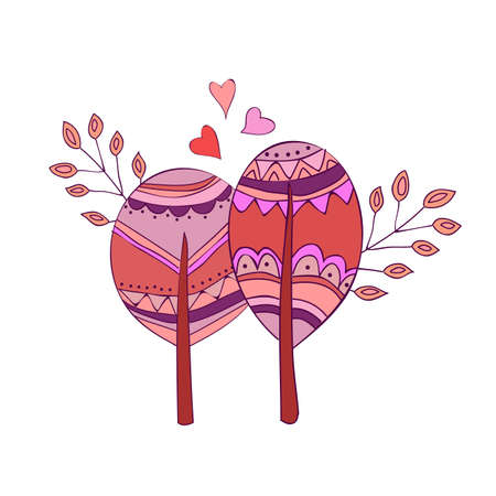 Hand drawn trees with hearts. Vector illustration for greeting card. Doodle card for Valentine Day on whiteのイラスト素材
