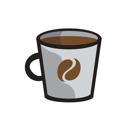 Coffee in a gray cup with a coffee bean image on the side of the cup. Simle cartoon vector illustration isolated on white background.のイラスト素材