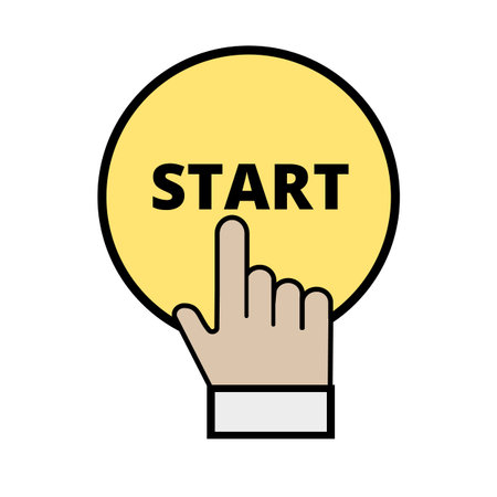 Businessman hand pressing yellow start button, just get started concept. Simple flat icon on white...