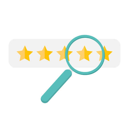 Vector image - magnifying glass and rating stars icon, search by rating. Flat style on white background. Reviews concept. Service quality assessmentのイラスト素材