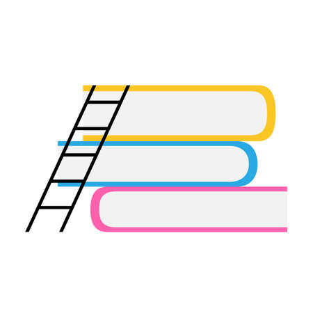 The ladder of knowledge leans on books icon. Flat cartoon vector illustration of education, teaching, schooling, growth, evolution, studies progress.のイラスト素材