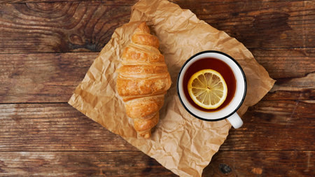Fresh croissants and a cup of tea with lemon on a wooden table. Top view. Ingredients for delicious breakfastの写真素材