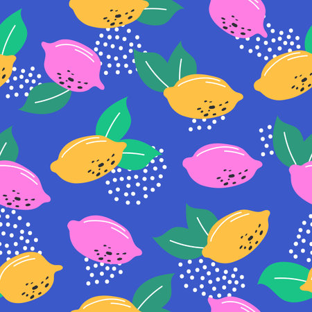 Tropical seamless pattern with yellow and pink lemons isolated on blue background. Modern design for...