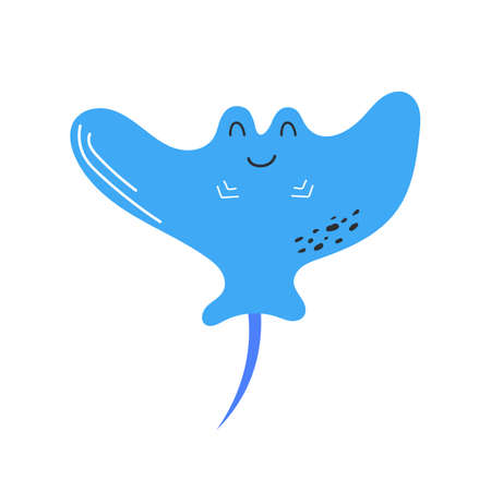 Cute hand drawn stingray. Blue simple funny icon on white. Character for children. Marine themeのイラスト素材