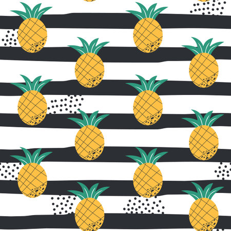 Vector seamless summer pattern with pineapples on black and white striped background. Hand drawn...
