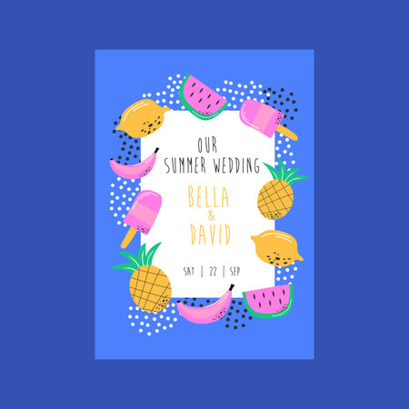 Wedding invitation with fruits. Greeting date card with summer elements. Vector illustration with...