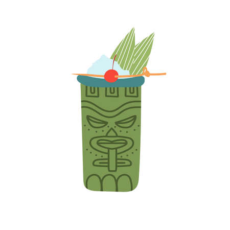 Hand-drawn doodle cartoon style vector illustration. Sweet Tiki cocktail in the Idol face glass with cherry. For bar menu or alcohol cook book recipeのイラスト素材