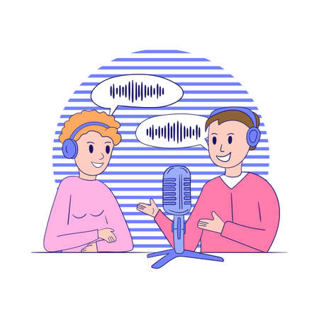 Young girl and boy record a podcast, online radio show. People with headphones are talking into a microphone. The concept of podcasting, broadcastingのイラスト素材