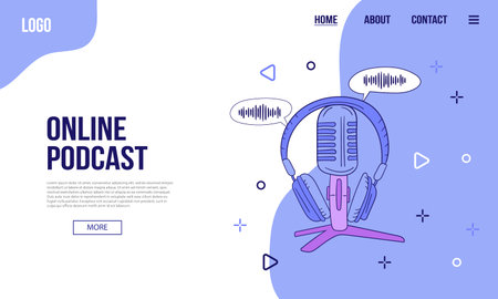 Podcast or audio content web banner or landing page template. Flat vector illustration of microphone with geometric shapes, icons on blue backgroundのイラスト素材