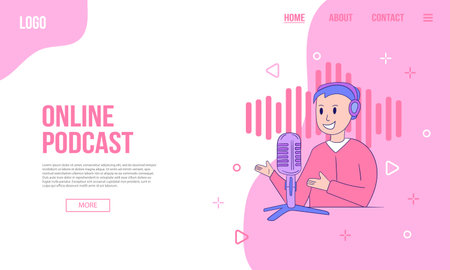 Podcast or audio content web banner or landing page template. Flat vector illustration of podcaster with microphone. Abstract shapes, pink backgroundのイラスト素材