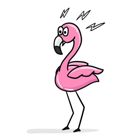 Cartoon shocked flamingo flamingo. Cute pink flamingo. Cartoon sticker, thick outline. Emotion stickers. Surprise, horrorのイラスト素材