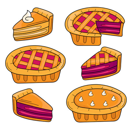 Set of hand drawn pie - cartoon style on white. Berry and pumpkin pies. Pieces and whole pies. Vectorのイラスト素材