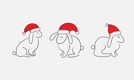Chinese New Year 2023, year of the rabbit, line art characters, simple hand drawn set. Cute bunnies in santa hat on grey backgroundのイラスト素材