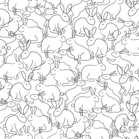 Rabbit animal art line, vector modern seamless pattern on white. Chinese New Year 2023 symbolのイラスト素材