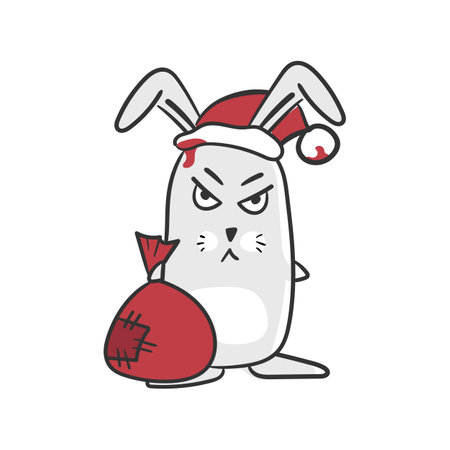 Cartoon hare. Evil bunny in santa hat with a bag of gifts. Vector on white. Funny illustration, new year sticker. Symbol of 2023のイラスト素材