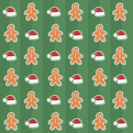 Seamless christmas pattern with gingerbread man and santa hat on green background. Vector...