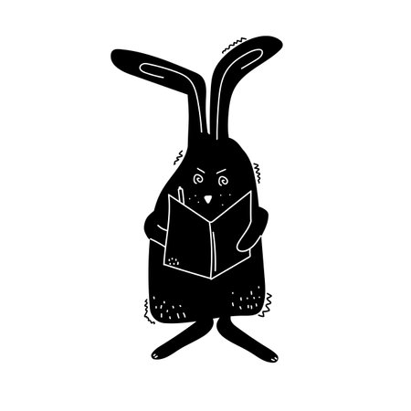 Angry rabbit writes in a notebook. Black hare - sketch. Symbol of 2023 new year. Drawn by hand. Grim characterのイラスト素材
