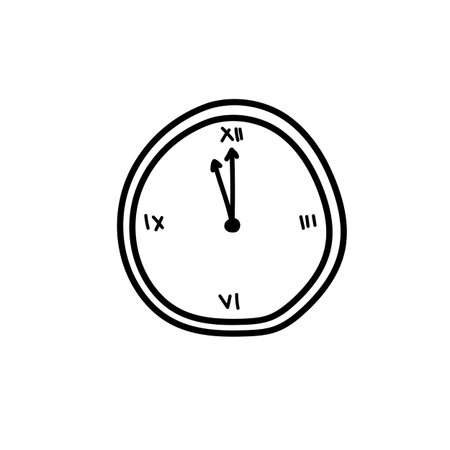 Hand drawn clock icon. A few minutes before midnight. Christmas element on whiteのイラスト素材