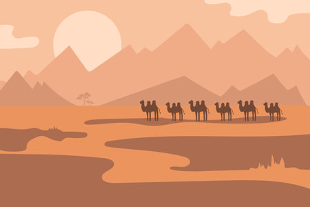 Desert horizontal poster with camels cartoon characters in the savannah. Landscape vector illustration in brown-orange colorsのイラスト素材