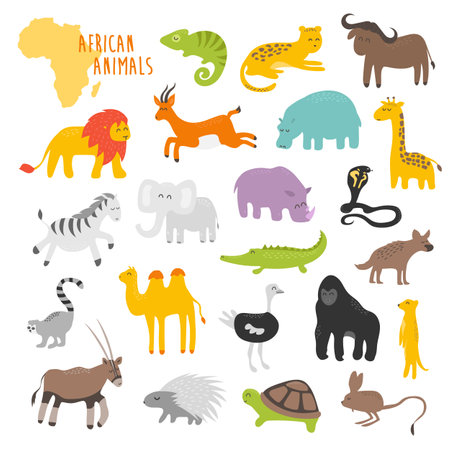Vector illustration, african animals for kids, children clipart, tropical fauna. Cute style. Set for kids. African animal wildlifeのイラスト素材