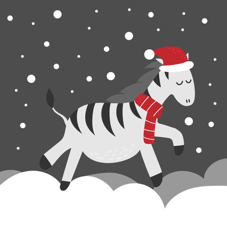 Christmas card with cute little zebra, funny winter animals, cartoon character, winter greeting designのイラスト素材