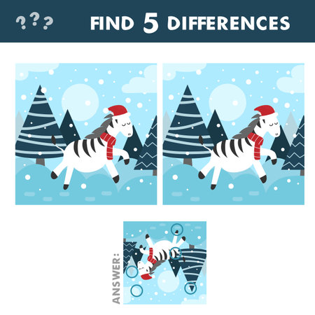 Find 5 differences. Christmas winter zebra. Game for children. Cartoon character in winter forest with snowのイラスト素材