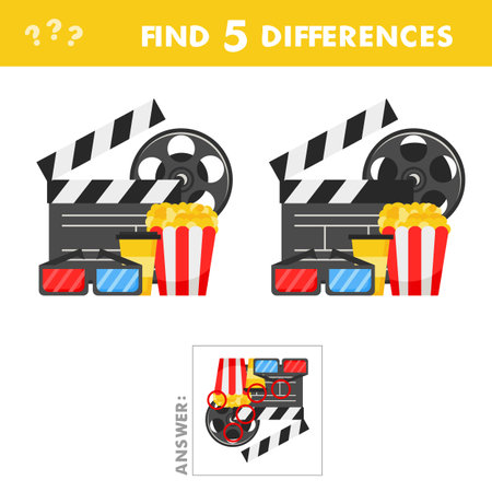 Kids game find differences. Cinema icons set, vector illustration. Popcorn, soda or coffee, 3D glasses, movie clapper and reel on whiteのイラスト素材