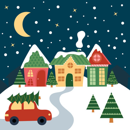 Christmas Houses with car, trees, snow and stars at Christmas night. Cartoon style. Preparation for the holidayのイラスト素材