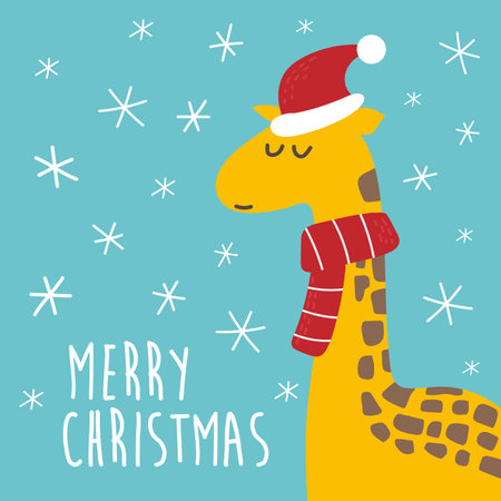 Cute christmas giraffe in santa hat, cartoon vector illustration. Modern style, element for kids design. Merry Christmas cardのイラスト素材