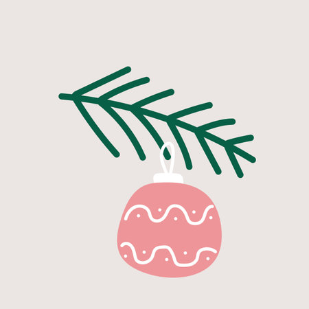 Simple icon toy for christmas tree on a branch. Cartoon minimalist icon for holiday design. Vector hand drawn element, ball, Christmas tree decorationのイラスト素材