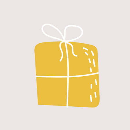 Gift box in yellow color, hand drawn doodle style. Cute icon. Birthday party. Vector illustration for greeting cards, invitations, posters.のイラスト素材