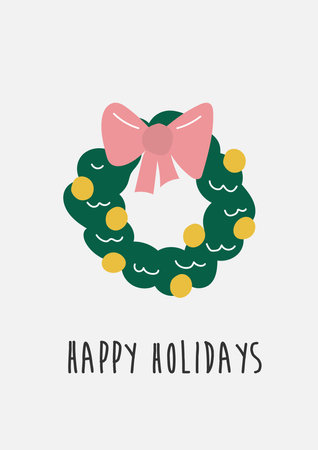 Hand drawn Christmas wreath doodle icon. Vector illustration isolated on grey background. Holiday card template with happy holidays textのイラスト素材
