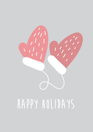 Pink mittens on grey background. Hand drawn vector illustration. Minimalist Scandinavian design. Holiday card template with happy holidays textのイラスト素材