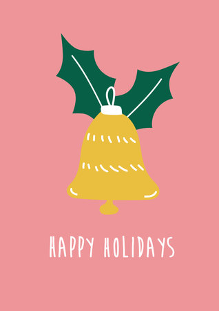 Hand drawn Christmas bell in yellow color. Vector doodle style. Vector hand drawn element for decoration. Christmas card with with happy holidays textのイラスト素材