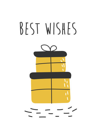 Gift box, hand drawn doodle style. Best wishes text. Cute vector illustration for greeting card for birthday or Christmas. Black and yellow colorsのイラスト素材