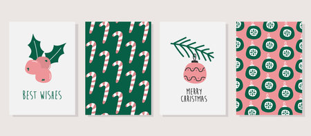 Set of christmas greeting cards with holiday text and design elements. Two cards with pattern. Hand drawn vector Merry Christmas cards collectionのイラスト素材