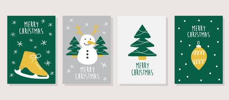 Hand drawn vector Merry Christmas cards collection set with cute illustrations. Cartoon minimalist Scandinavian design. Green and yellow colorsのイラスト素材