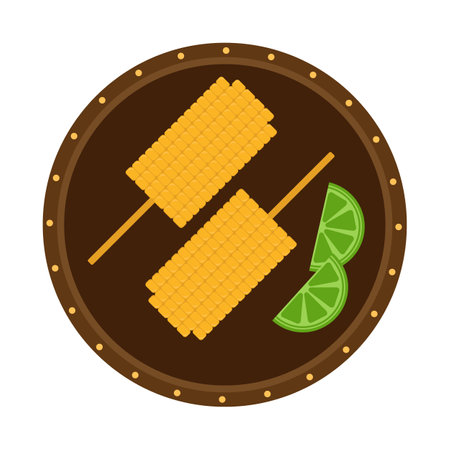 Corn on a stick. Traditional Mexican food on a white background. Two corns on a plate with limeのイラスト素材
