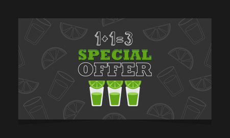 Vector illustration. Advertising banner. Tequila shots, special offer. Three shots for the price of two. Special menu in mexican restaurantのイラスト素材
