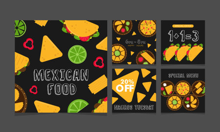 Mexican native food snacks and drinks. Square banners - vector illustration. Collection of square layouts for social networks. Promo of restaurantのイラスト素材