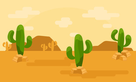 Landscape with cactus. Vector illustration, desert background in Mexico. Cartoon styleのイラスト素材