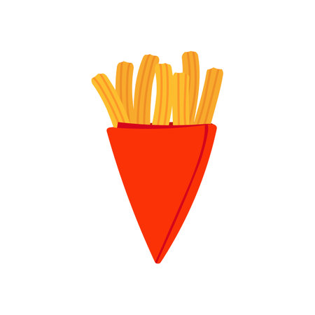 Tasty sweet or salty churros. Paper cup or napkin. Traditional Spanish and Mexican food. Fried dough. Hand drawn vector illustration. Cartoon styleのイラスト素材