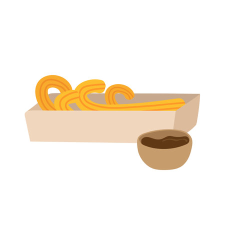 Sweet homemade churros in paper packaging with chocolate dipping sauce. Delicious Mexican snack. Flat vector design for cafe menu or posterのイラスト素材