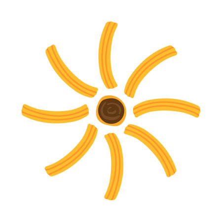 Tasty sweet or salty churros. Sun shape with chocolate cream. Traditional Spanish and Mexican food. Fried dough. Hand drawn vector. Cartoon styleのイラスト素材
