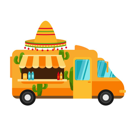 Flat design vector cartoon illustration food truck. Traditional Mexican street cuisine. Auto restaurant, fastfood. Food truck with sombrero and cactiのイラスト素材