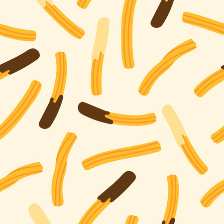 Mexican or Spanish traditional dessert. Churros with chocolate. Seamless pattern. Traditional pastries. Endlessly repeating churros. Vectorのイラスト素材