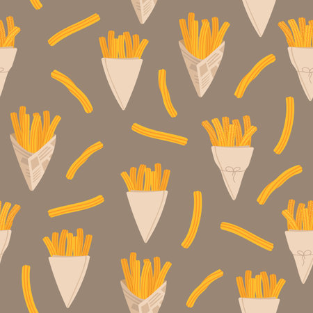 Seamless pattern with churros. Mexican or Spanish traditional dessert. Endlessly repeating churros. Vector illustration for design.のイラスト素材
