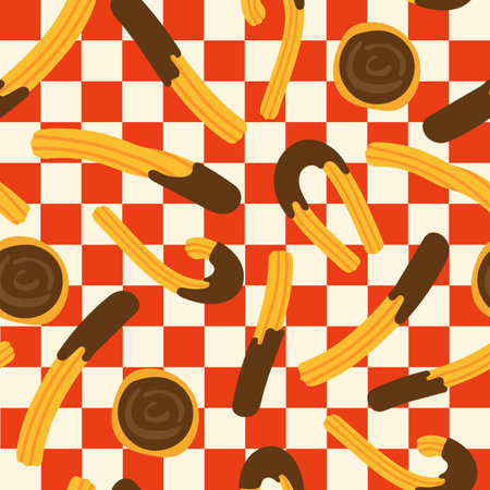 Mexican or Spanish traditional dessert on a red checkered napkin. Churros with chocolate. Seamless pattern. Traditional pastries. Vectorのイラスト素材