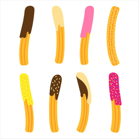 Set of churros with different toppings. Mexican snack. Hand drawn vector illustration. Churros sticks, different shapes on white.のイラスト素材